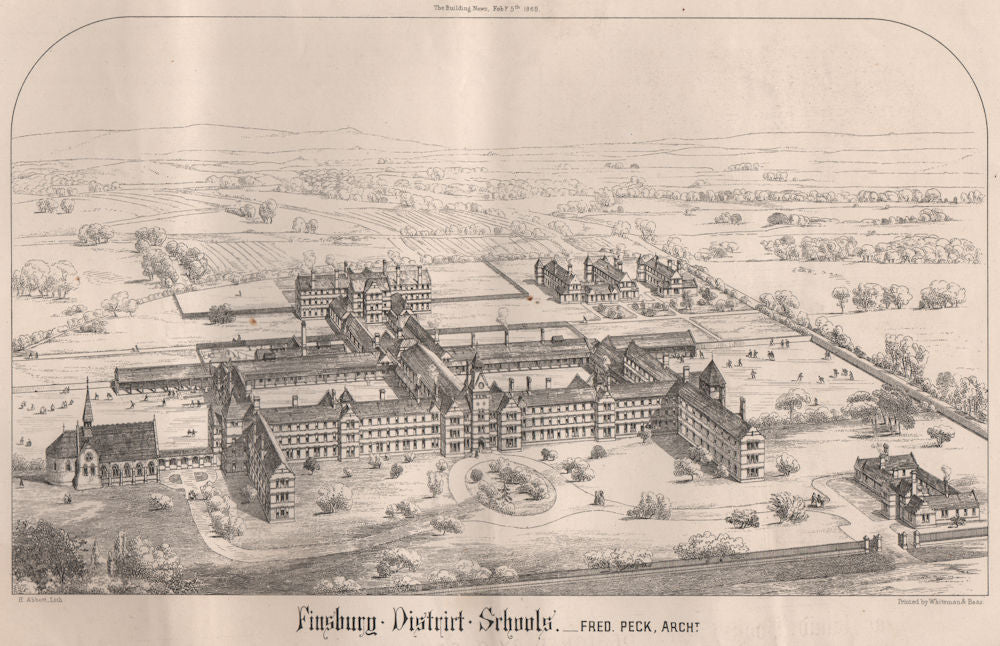 Finsbury District Schools; Fred Peck, Architect. London 1869 old antique print